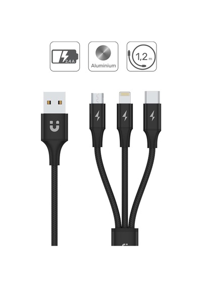 Premium Multi 3'ü 1 Arada Usb Şarj Kablosu, Evrensel, Çoklu Şarj Cihazı Kablosu, Micro Usb/tip C/lightning 3a 1,2 M, İphone/android Akıllı Telefon İçin, Siyah.