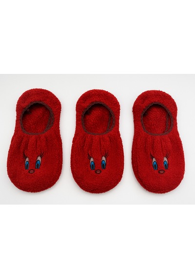 Ozzy Socks Kadın Kırmızı Yüz Desenli Uyku Patik Çorap 3'lü Paket Kırmızı4