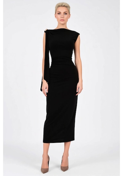 Benerly Kadın Maxi Bodycon Asimetrik Yaka Tek Uzun Kol Detaylı Örme Esnek Siyah