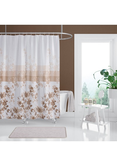 Çiçekli Banyo Duş Perdesi-Kahverengi Renk Duş Perdesi, Tek Kanat Küvet Perdesi 180x200 cm Kahverengi