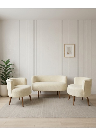 Sydney 2+1+1 Welsoft Tüylü Yumuşak Kumaş Balkon Çay Seti Koltuk Takımı - Ahşap Ayak - Krem