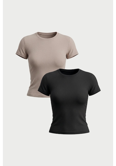 Auw Kadın Bisiklet Yaka Pamuklu Modal T-shirt 2'li - Softfit Taş - Siyah