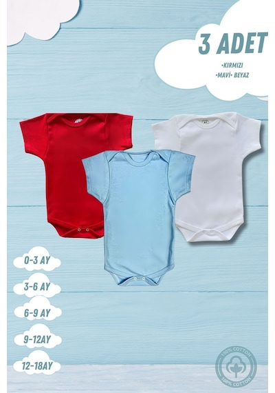 Betül Bebek Kısa Kollu 3'lü Organik Pamuk Çıtçıtlı Bebek Body&zıbın Kırmızı,mavi,beyaz Çok Renkli