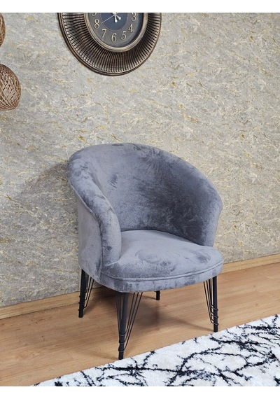 Zafir Tekli Teddy Siyah Boyalı Telli Ayak Çay Seti Koltuk Tekli Berjer , Balkon, Salon, Ofis Gri