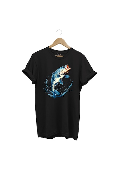 Balıkçılık Levrek Balığı Baskılı Renkli Tasarım %100 Pamuk Regular Fit Bisiklet Yaka Siyah T-shirt Siyah