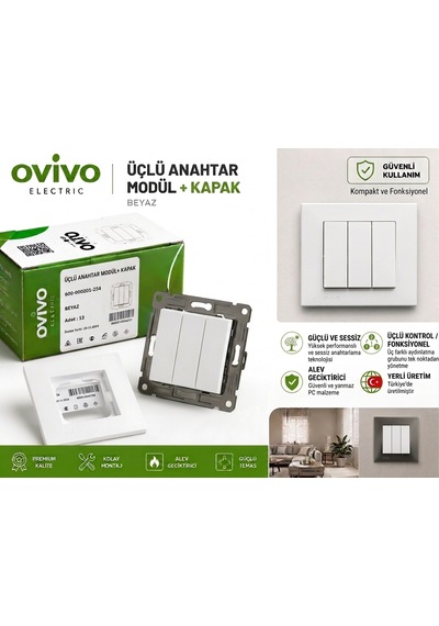 Ovivo Grano Beyaz Üçlü Anahtar Modül + Kapak+ Çerçeve Çerçeve Dahil