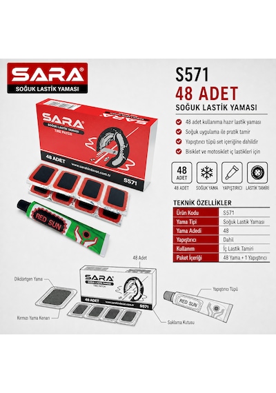 Sara S571 Soğuk Lastik Yaması 48 Adet, Yapıştırıcı Dahil Iç Lastik Tamir Seti