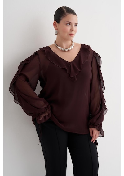 Myline Fırfır Detaylı Şifon Bluz-6219 Bordo