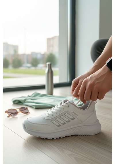 Enoch Unisex Hafif Tabanlı Bağcıklı Yürüyüş Ve Koşu Ayakkabısı Günlük Sneaker Beyaz