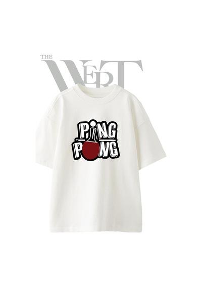 Thewert Ping Pong Tasarım Baskılı Ünisex Beyaz Oversize T-shirt