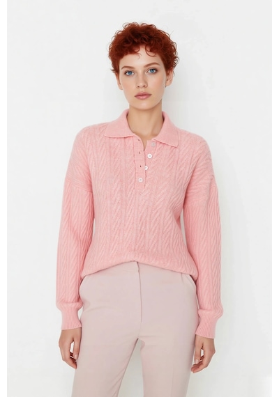 Ersefa Kadın Oversize Triko Polo Yaka Saç Örgü Düşük Kollu Rahat Kışlık Pembe