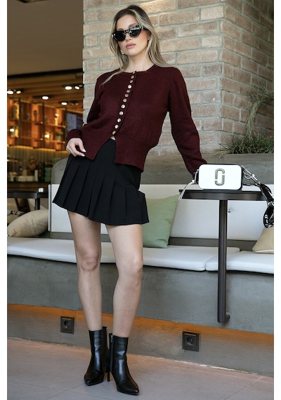 Lela Premium Comfort Fit Yuvarlak Yaka Crop Triko Bayan Hırka 680Hi00164 Bordo