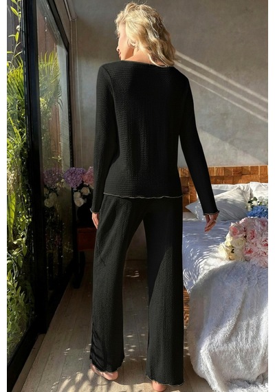 I-moda Premium Kadın Fitilli Pijama Takımı Siyah Gold Biye Detaylı, Yumuşak Dokulu Ev Şıklığı