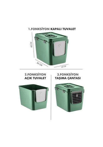 Pribor Hz-500 Xxl 3 Fonksiyonlu Açık / Kapalı Kedi Tuvaleti Ve Taşıma Çantası Yeşil 56 X 40 X 43 Cm