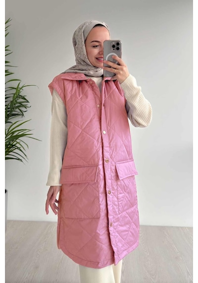 Ka Hijab Cep Detay Kapitone Yelek - Pembe Pembe