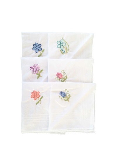 Elif Mira Hediyelik İşlemeli Bayan Mendili 6 Lı Paket 28x28 Cm 100 Pamuk Çok Renkli