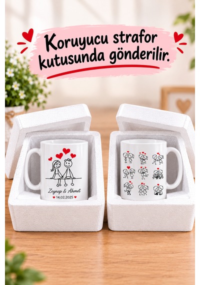 Çizgi Karakterli Sevgili Kupası Çiftler İçin Kişiye Özel İsim Ve Tarih Baskılı Söz Nişan Düğün Yıl Dönümü Kupa Bardak Hediyesi Beyaz