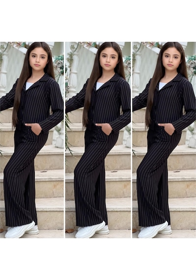 Kız Çocuk Ceket Pantolon Takım Cepli Düğme Detaylı Piliseli Pantolon 6-16 Yaş 31596 Siyah