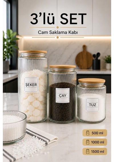 3'lü Ahşap Vakumlu Kapaklı Çay Şeker Kahve Tuz Kavanozu Cam 3 Boy Şeffaf