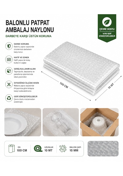 Balonlu Naylon Patpat 100cm Genişlikte Rulo Havalı Eşya Koruma Ambalaj Pat Pat 100cm X 10mt
