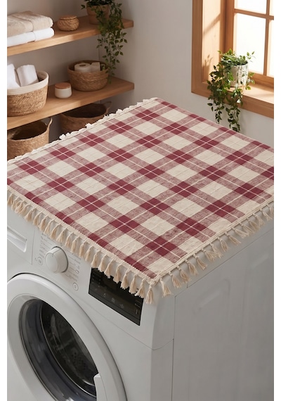 Bordo Vintage Püsküllü Çamaşır Makinesi Örtüsü - Çeyizlik Buldan Bezi Dekoratif Banyo Makine Kılıfı