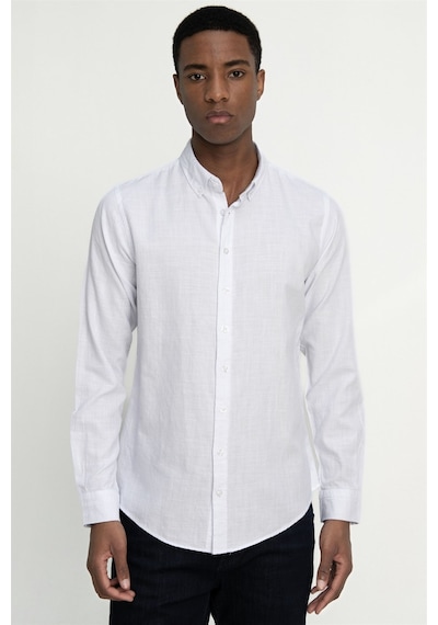 Tudors Slim Fit Uzun Kol Biyeli Yaka Düğmeli Keten Erkek Beyaz Gömlek-26921-beyaz Beyaz
