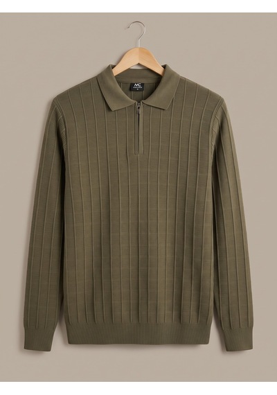 Maccali Erkek Haki Fitil Detaylı Fermuarlı Polo Yaka Triko Sweatshirt
