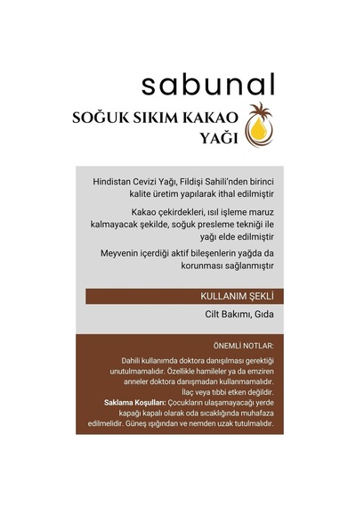 Sabunal Kakao Yağı - Soğuk Sıkım Ham İşlenmemiş Raw Virgin Cacao Butter 100 G