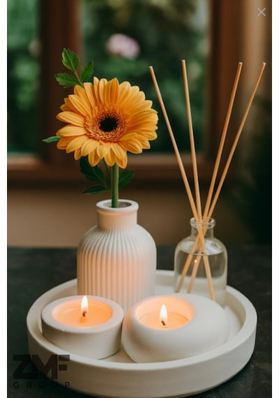 Dekoratif 5li Set Tepside Vazo, Sandal Ağacı Kokulu Mum, Tealight Mumluk Ve Oda Kokusu Beyaz