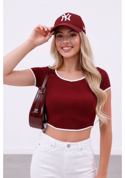 Zedefx Kadın Biyeli Yaka Detaylı T-shirt Bordo