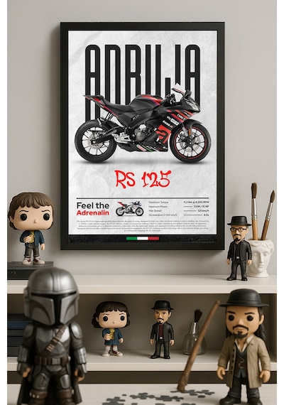 Aprilia Rs 125 Siyah Ahşap Çerçeveli Poster, Dekoratif Motosiklet Duvar Tablosu Çok Renkli