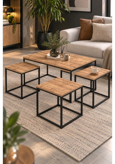 Sulorahome 4'lü Kahverengi Sehpa Seti - Atlantik Çam Desenli Ve Metal Ayaklı