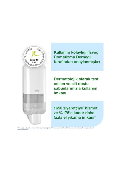 Tork Sıvı Sabun, Köpük Sabun Ve Dezenfektan Dispenseri Beyaz S4 Manuel Duvar Tipi 564500