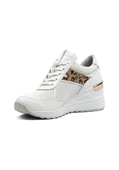 Kadın Beyaz Bağcıklı Dolgu Topuklu Deri Sneaker