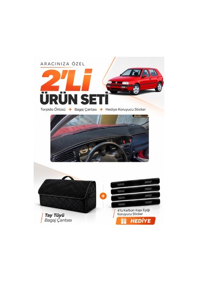 E-biz Volkswagen Golf 3 1991-1997 Uyumlu Torpido Örtüsü + Tay Tüyü Bagaj Çantası - Siyah - Vw008