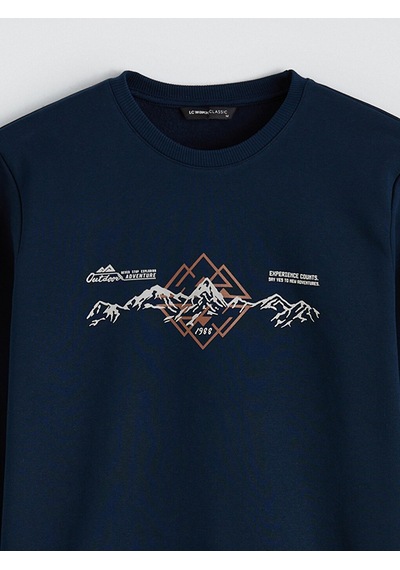 Lcwaıkıkı Classic Lacivert Bisiklet Yaka Baskılı Erkek Kalın Sweatshirt