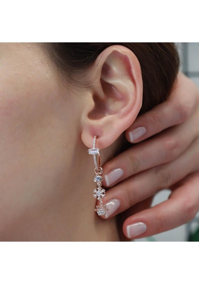 Kral Tacı Figürlü Rose Gold Kaplama Gümüş Charm Küpe Gümüş