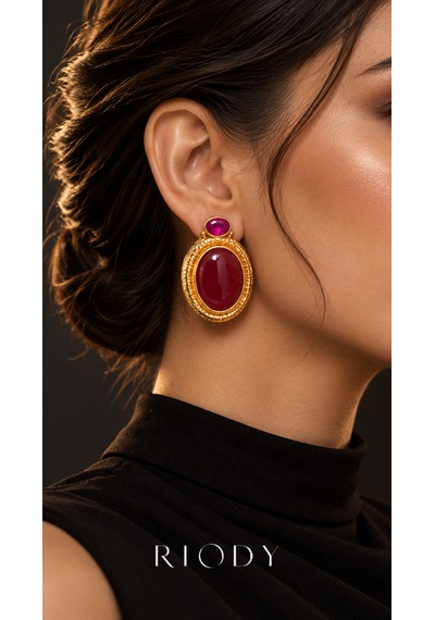 Riody Rubis Velours Gold Renkli Bordo Fuşya Oval Taş Görünümlü Çelik Kadın Küpe