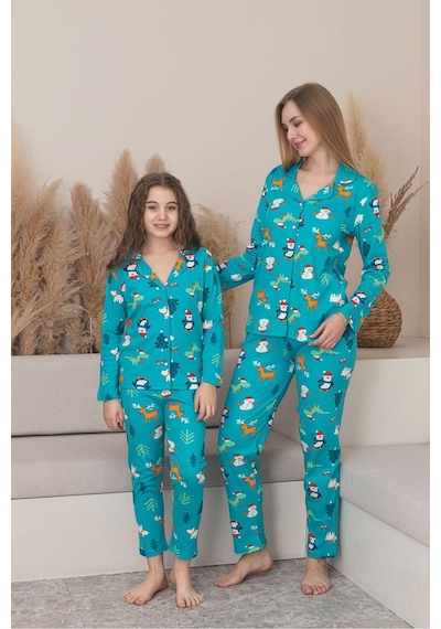 Anne Kız Kombin Penye Boydan Düğmeli Pijama Takımı Anne- Kız Ayrı Satılmaktadır. Yeşil