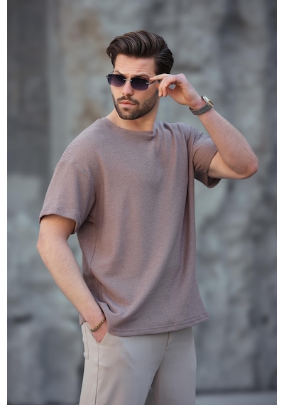 Madmext Kahverengi Bisiklet Yaka Oversize Erkek T-shirt E7134 Kahverengi