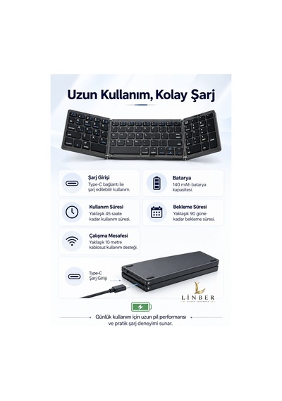 Siyah Katlanabilir Bluetooth Klavye 81 Tuşlu Sayısal Tuş Takımlı Şarjlı Kablosuz Klavye Tablet Telefon Ve Laptop Uyumlu. Siyah