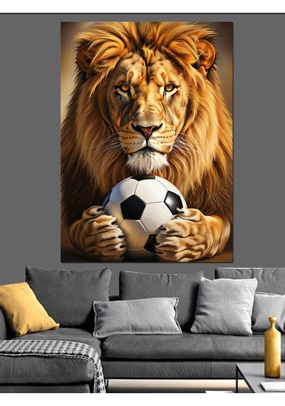 Ahşap Tablo Futbol Oynayan Aslan Kral