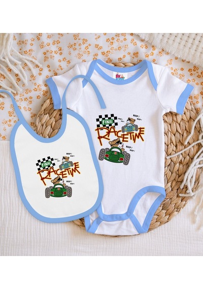 Bk Kids Race Time Tasarımlı Mavi Bebek Body Zıbın Ve Mama Önlüğü Çok Renkli