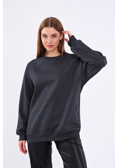 MMetalic Antrasit Kadın Pamuklu Oversize Basic Bisiklet Yaka Sweatshirt Antrasit