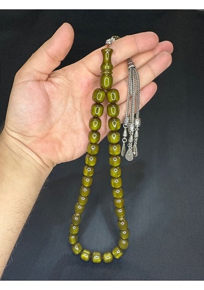 Sevgiliye Özel Hediye Çubuk Kehribar Tesbih Yeşil Renk Kapsül Kesim 13mmx14,5mm H-1619.