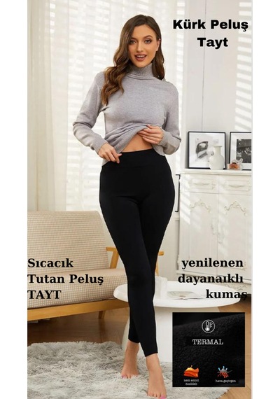 Lüx Wood Içi Peluşlu Kışlık Termal Sıcacık Tutan Kadın Peluş Tayt Siyah Siyah