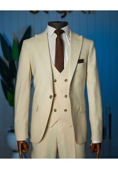 Bys Beystil Sivri Yaka Ekru Takım Elbise Nikol - Slim Fit