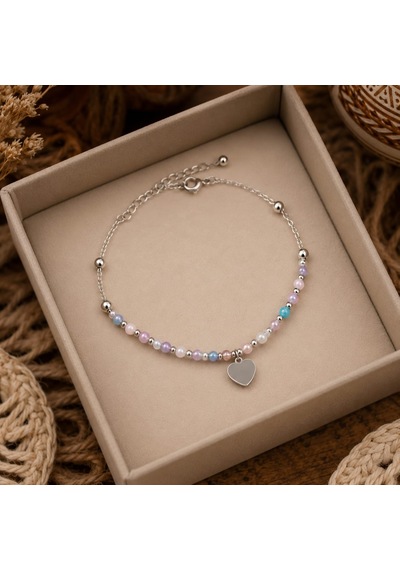 Heart Charm Beaded Stainless Steel Anklet Kalp Detaylı Boncuklu Çelik Halhal Çok Renkli