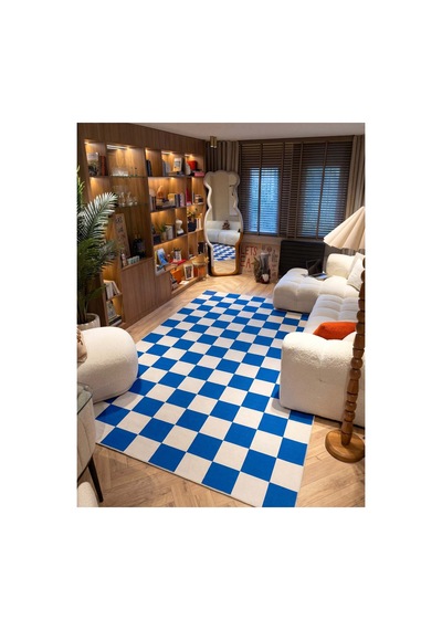 Odessa Mavi Krem Damalı Modern Geometrik Yıkanabilir Dijital Baskı Giyinme Salon Oturma Odası Halısı
