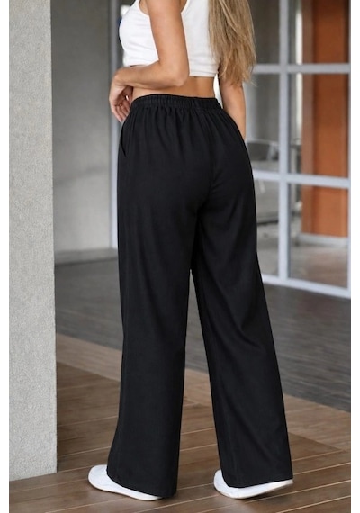 Valensdesign Kadın Yüksek Bel Lastikli Bağcıklı Kot Pantolon Siyah